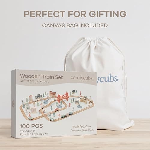 Comfy Cubs 100-Piece Wooden Train Set for Toddlers Ages 1+, Fun & Eco Friendly Toddler Train Set with Wooden Toy Tracks - Creative Toy Town Promoting Imaginative Play with Flexible Configuration thumbnail 6