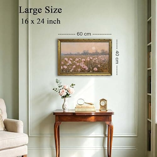 DR.RiftArt Vintage Flower Pink Landscape Wall Art Floral Wall Decor | Pastel Wildflower Rustic Farmhouse Canvas Picture Painting Print for Bedroom Living Room Office 16x24 inch Gold Framed thumbnail 2