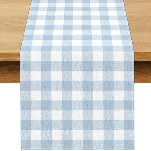 Buxiuer Dusty Blue Gingham Table Runner Light Blue Checkered Boy Girl Baby Shower Birthday Party Decoration Home Dining Kitchen Island Decor (13" x 72") - Image 1