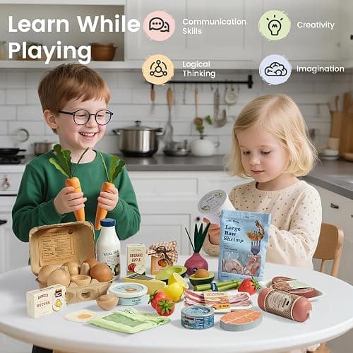 Tiny Land Wooden Play Food Set Bundle Includes 50 PCS of Fruits, Veggies, Meats, Seafood, Eggs & Dairy thumbnail 3