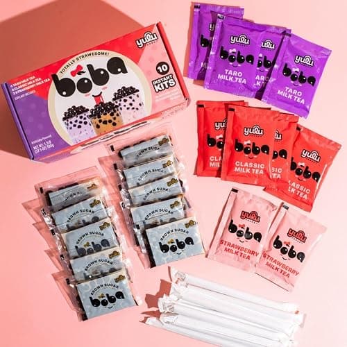 Boba Bundle Kit 10 Serv. Instant Bubble Pearl Variety Milk Tea Kit with Authentic Brown Sugar Tapioca Pearls by Yulu Foods - Ready in Under 1 Minute, Includes Paper Straws - Gift Box, Holiday (Classic, Taro and Strawberry) thumbnail 6
