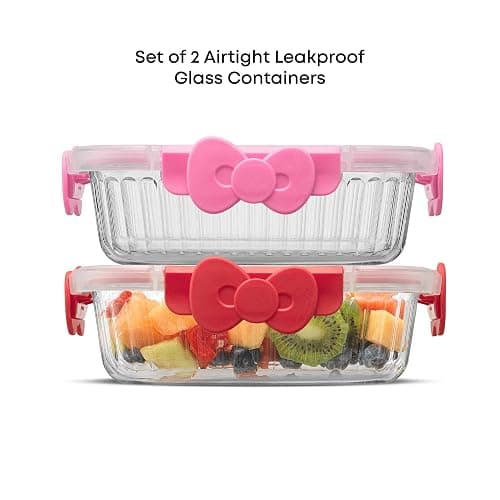 JoyJolt Sanrio Hello Kitty Fluted Glass Food Storage Containers with Lids, 2x Airtight Glass Storage Containers with Lids for Kitchen, Reusable Lunch Meal Prep Container, Cute Hello Kitty Gifts thumbnail 3