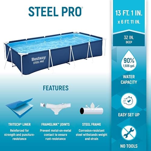 Bestway Steel Pro 13 Foot x 32 Inch Rectangular Above Ground Outdoor Pool Steel Framed Vinyl Swimming Pool with 1,506 Gallon Water Capacity, Blue thumbnail 4