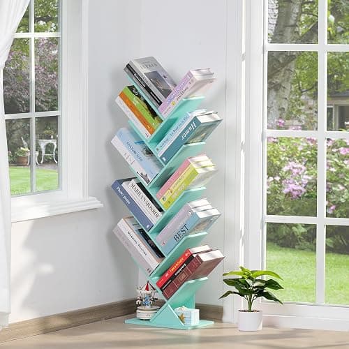 SHEEPAM 10 Tier Tree Book Shelf, Floor Standing Wood Bookshelf for Narrow Space, Storage Organizer Bookshelves for Books/CDs/Magazine, Bookcase with Shelves for Home Office, Living Room - Green thumbnail 9