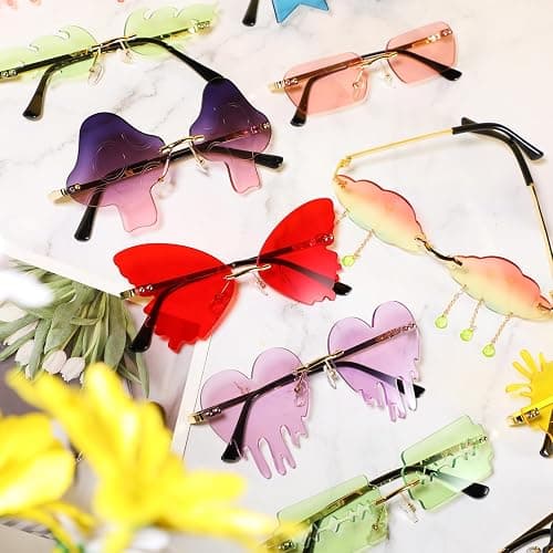 Fiada 16 Pcs Irregular Rimless Sunglasses Rectangle Star Cloud Flame Butterfly Shaped Heart Sunglasses Frameless Disco Glasses Party Favors Photo Props for Women Men Costume Unisex thumbnail 4