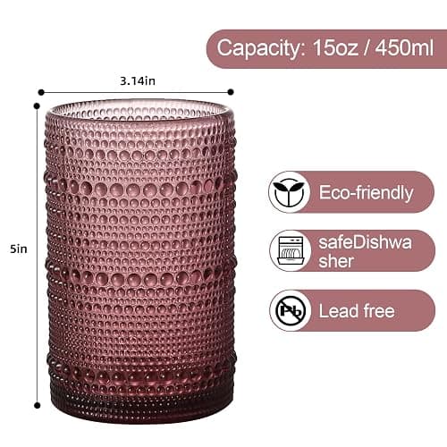 ZMOWIPDL Vintage Glassware Drinking Glasses Set of 6,15 oz Hobnail Glass Cups,Embossed Purple Water Tumbler,for Beer,Cocktail,Whiskey,Juice and Various Mixed Drinks- 1 Cleaning Brush thumbnail 3