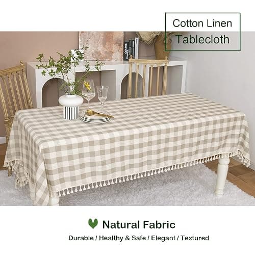 Midsummer Breeze Rustic Checkered Tablecloth, Cotton Gingham Rectangle Table Cloths for Kitchen Dining Restaurant Farmhouse Thanksgiving Christmas Decor (55x84”,Gray Khaki) thumbnail 2