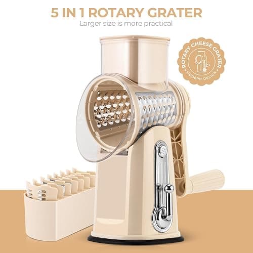 SUSTEAS Rotary Cheese Grater with Handle - Vegetable Shredder with 5 Well-designed Blades & Strong Suction Base,Round Mandoline Slicer & Food Chopper for Kitchen,with Blade Storage Box(Beige) thumbnail 8