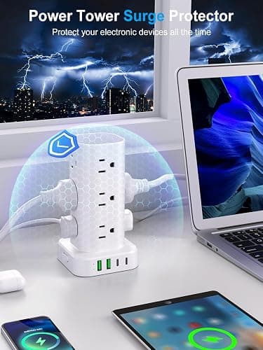Power Strip with Wireless Charger, Flat Plug Surge Protector with 10FT Extension Cord, 12 AC Multiple Outlets, 4 USB (2 USB C), 15W Wireless Charging Power Tower for Home Office Dorm, White thumbnail 6