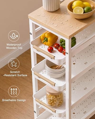 Pipishell Slim Storage Cart with Drawers & Lockable Wheels, 5 Tier Kitchen Cart with Safety Stops & Vented Design, Wood Top, Narrow Rolling cart for Kitchen, Bathroom, Laundry Room, White thumbnail 7