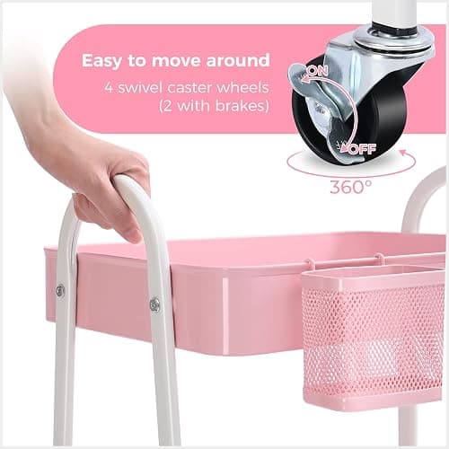 KINGRACK 3 Tier Utility Rolling Carts, Metal Rolling Storage Cart, Craft Art Cart with Handle and Locking Wheels & 2 Hanging Baskets 4 Hooks for Bathroom, Bedroom, Pink - Pink With Basket and Hooks thumbnail 5