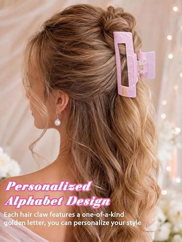 ACECHA 3.9" Gold Square Initial Hair Claw Clip - Gift for Women | custom hair clips, square, cute & sparkly monogrammed hairclip, ideal for daily wear birthday christmas, pink letter E thumbnail 2
