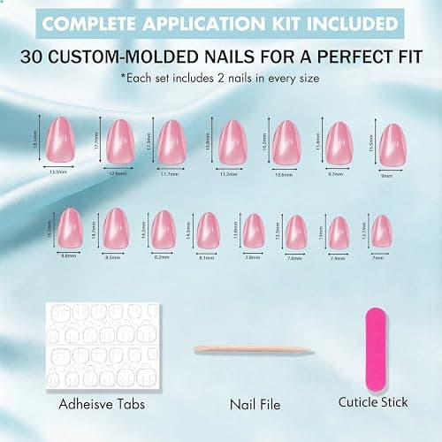 JOYVVEW Cat Eye Press on Nails Short - Glitter Ombre Pink Press On Nails Oval, Chrome Fake Nails with Shimmer Finish, Sturdy Quality, Reusable Almond Stick On Nails for Women, 30 Pcs 15 Sizes thumbnail 7