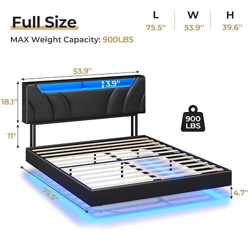 DICTAC Full Size Floating Bed Frame with led Lights & Storage Headboard Full Led Visual Floating Bed with Outlets Faux Leather Upholstered Platform Bed with Hidden Storage,No Box Spring Needed,Black thumbnail 2