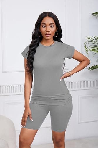 PINSV Women 2 Piece Outfits Summer Sweatsuits Biker Short Workout Jogger Sets thumbnail 3