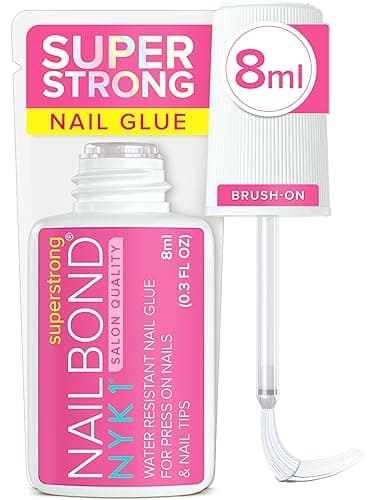 Super Strong Nail Glue for Press On Nails, Nail Tips & Acrylic Nails (8ml) NYK1 NailBond Brush On Glue for Press Ons, Tips & Acrylics - Long Lasting, Maximum Strength, Mess-Free Application