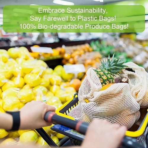 Reusable-Cotton-Mesh-Produce-shopping-Bags-Washable Eco Friendly Premium See Through Lightweight Net zero Bulk Bags for Veggie Fruit Vegetable Grocery Storage (9 Packs) thumbnail 3