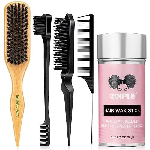 Slick Back Hair Brush Set Teasing Boar Bristle Brush, Hair Wax Stick, Edge Brushes, Rat Tail Comb, Teasing Comb, Wooden Slickback Hairbrush Accessories, Smoothing Combs for Women & Kids (5PCS) - Image 1