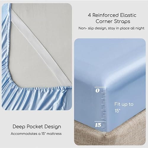 MR&HM Satin Bed Sheets, Queen Size Sheets Set, 4 Pcs Silky Bedding Set with 15 Inches Deep Pocket for Mattress (Queen, Light Blue) thumbnail 4