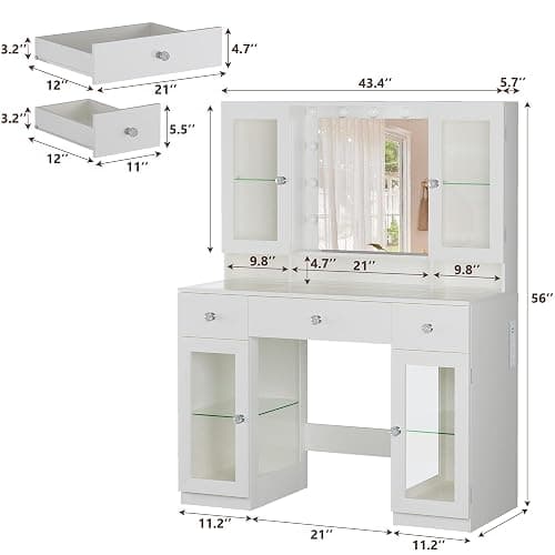 HUAHUU Vanity Desk with Mirror and RGB Lights, 43" Large Makeup Vanity with Glass Top, 4 Large Glass Cabinets, Power Outlet & 3 Drawers, 3 Colors Lighting Adjustable Brightness for Bedroom, White thumbnail 2