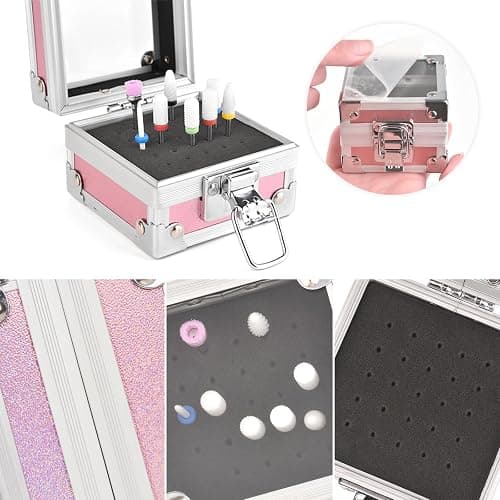 Rolabling Professional 25 Holes Nail Drill Bits Box Container Nail Drill Grinding Bit Holder Nail Polish Head Storage Box Nail Tools Organizers Container Display Storage Box Manicure Tool (Pink) thumbnail 6