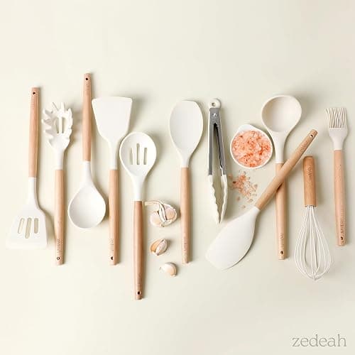 ZEDEAH 11-Piece Silicone Kitchen Utensils Set with Non Toxic Spatula, Tongs, Whisk, Turner & Ladle – Heat Resistant, Non-Scratch Cooking Tools with Wooden Handles, BPA-Free, Dishwasher Safe (Beige) thumbnail 4