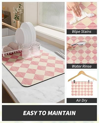 AMOAMI Coffee Mat Hide Stain Rubber Backed Absorbent Dish Drying Mat for Kitchen Counter - Fits Under Coffee Maker or Machine - PINK 12X19 thumbnail 5