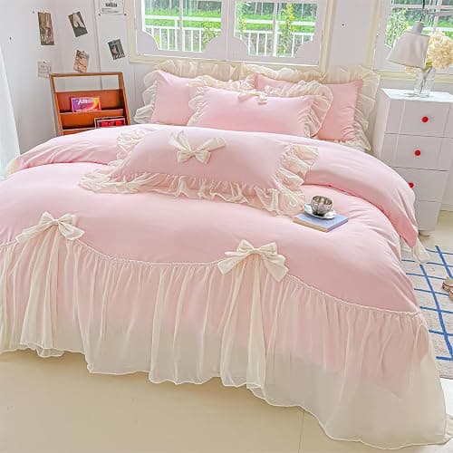 SOUKECHY Chic Lace Bedding,Girls Twin Aesthetic Comforter Cover Set,Romantic French Princess Style Ruffled Duvet Cover with Lovely Bow with Zipper Closure-Pink,Twin Size thumbnail 2