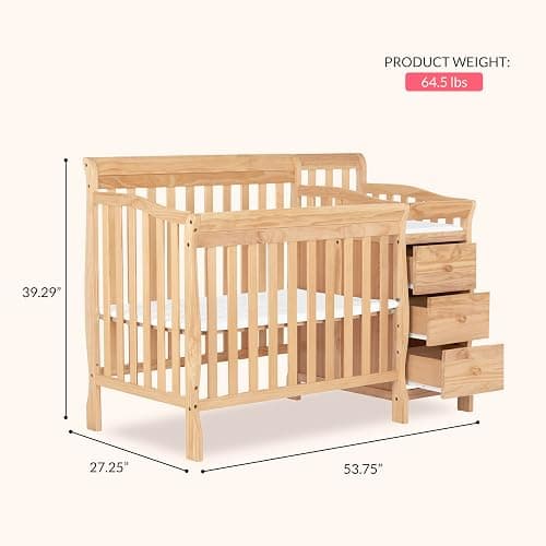 Dream On Me Jayden 4-in-1 Convertible Mini Baby Crib with 3 Drawer Changer | Converts to Daybed & Twin Size Bed, Wooden Crib with Mattress, 3 Adjustable Heights, GREENGUARD Gold & BSA Verified, Natural thumbnail 3