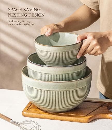 GBhome Ceramic Mixing Bowls Set of 3, Stoneware Nesting Serving Bowls, | 45/90/150 oz For Prep, Baking, Serving, Gift, Microwave and Dishwasher Safe, Ribbed Dishware Collection,Desert Sage thumbnail 7