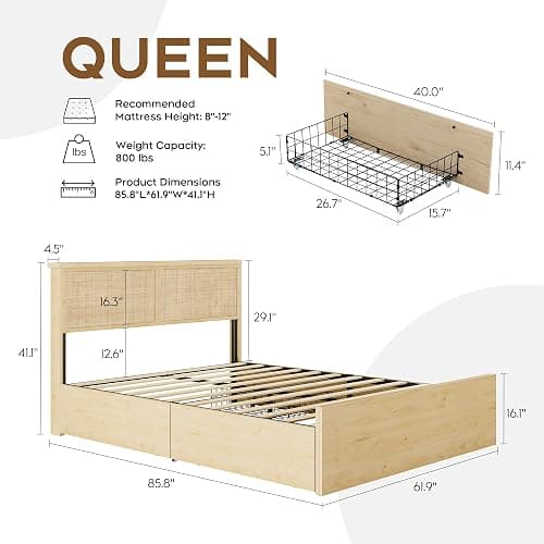 Brafab Natural Rattan Queen Bed Frame with Wooden Headboard and 4 Storage Drawers, Boho Cane Bed Metal Platform Bed with Strong Wooden Slat, Noise Free, No Box Spring Needed thumbnail 2