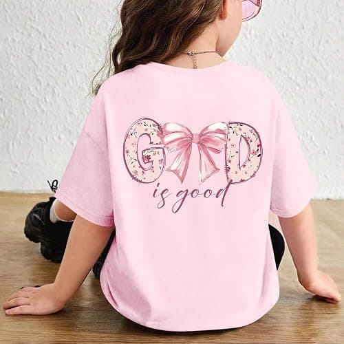 Wedsadl Girls Cute Christian Bow Shirt God is Good Jesus Shirts for Kids Graphic Tee Faith Bible Verse Religious Cotton Tops thumbnail 6