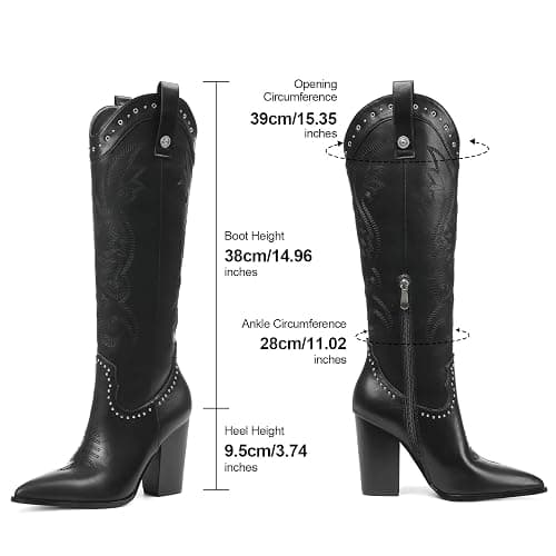 VOMIRA Knee High Cowboy Boots for Women Pointed Toe Chunky High Heels Pull-on Embroidered Boots Western Boots Wide Calf Cowgirl Boots thumbnail 6