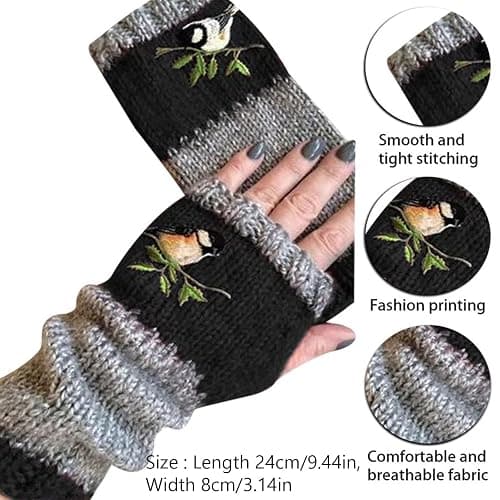 FOOMER Warm Patchwork Embroidered Fingerless Gloves with Vintage Knitted Design and Bird Embroidery thumbnail 7