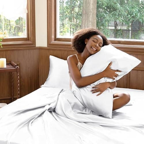 CozyLux Satin Sheets Queen Size Bed Set - 4 Piece Silky Queen Sheet Set, Luxury White Queen Sheets with Smooth and Soft Microfiber, Includes 1 Fitted Sheet, 1 Flat Sheet and 2 Pillowcases thumbnail 7