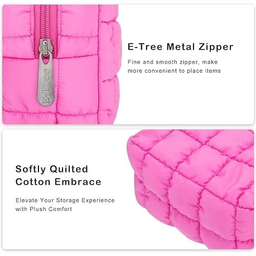 E-Tree Cute Makeup Bag,Quilted Cosmetic Bag,Make up Pouch for Purse,Toiletry Zipper Pouch,Checkered Bag,Travel Case,Storage Pouches for Organization (Hot Pink) thumbnail 6