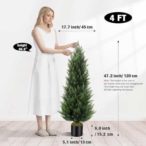 Artificial Topiary Cedar Trees 4FT Tall 2 Set, Outdoor Indoor Faux Pine Shrubs Plants, Realistic Fake Plants Front Porch Decor, Artificial Bushes Cypress for Home Front Door Offices thumbnail 3