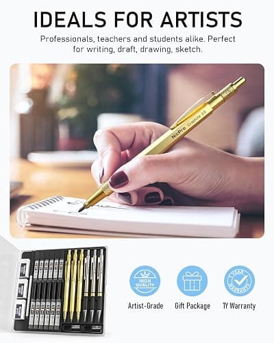 Nicpro Gold Art Mechanical Pencil Set, Metal Drafting Pencil 0.5, 0.7, 0.9mm & 2mm Lead Holder(2B HB 2H) For Sketching Drawing With Lead Refills Case thumbnail 6