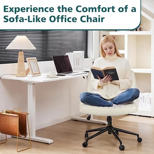 OLIXIS Criss Cross Chair with Wheels Wide Cross Legged Office Desk Vanity Chair Comfy Fabric Armless Adjustable Swivel for Home Computer Task PU Beige thumbnail 3