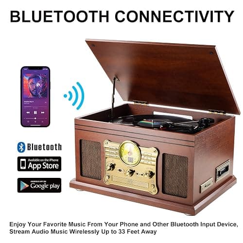 FEKTIK Bluetooth Record Player 10 in 1, 3-Speed Turntable for Vinyl with Speakers, LP to MP3 Converter, CD, Cassette Player, FM Radio, Wireless Streaming | Mahogany - Mahogany thumbnail 4