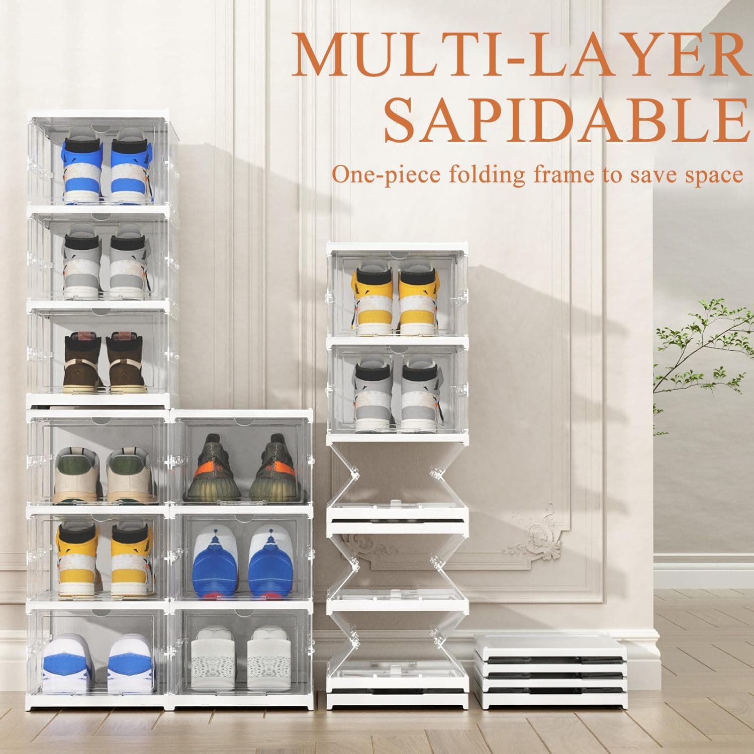 6 Niveles Zapatera Organizador，Caja de zapatos transparente plegable，Caja de Zapatos de Plástico con Tapa,Zapatera Apilable，Adecuado para Sala de Estar, Armario, Dormitorio thumbnail 2