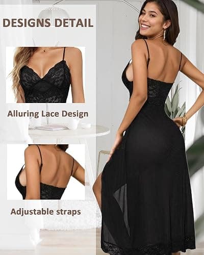 txsrbsj Women Lingerie Sexy Split Mesh Lace Floral Sheer Babydoll Lingerie Deep V Nightwear with Thong - Black - Large thumbnail 2