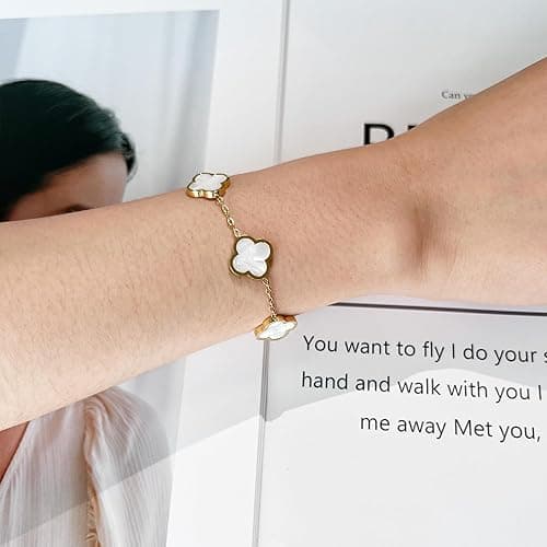 AIPPK 18K Gold Plated Clover Lucky Bracelet for Women White/Black/Red/Green Flower Four Leaf Link Bracelets Trendy Jewelry Gifts for Women thumbnail 5