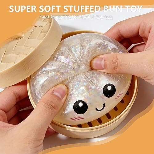 Dumpling Squishies, Glitter Dumpling Mystery Box, Colorful Dumplings Stress Balls Toy, Stocking Stuffers with Food Steamer Stretchy Desk Toys (Glitter Red) thumbnail 2