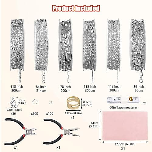 Fesorsi Silver Necklace Chain for Jewelry Making, 46ft 6 Style Rolled Steel DIY Jewelry Chain Roll Bracelet Bulk Link Plated Permanent for Earring Anklet Craft with Jump Ring, Lobster Clasp, Pliers thumbnail 2