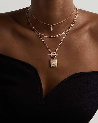 MJartoria Layered Initial Necklaces for Women Trendy, 14K Gold Plated Brass Simple Star Choker Square Letter Pendant Necklace, Paperclip Chain Necklaces Jewelry Gifts thumbnail 3