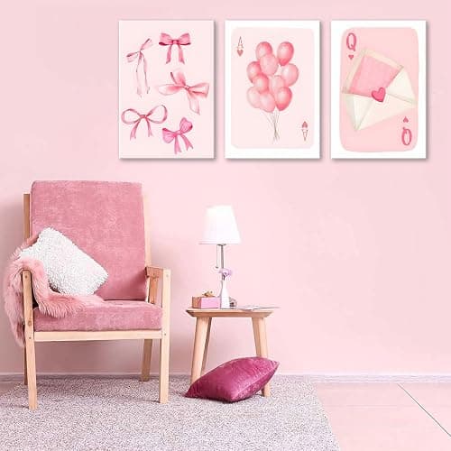 3 Pcs Framed Fashion Pink Bow Canvas Wall Art Preppy Girly Aesthetic Painting Picture Wall Decor Balloon Envelope Prints for College Apartment Girls Bedroom Living Room Home Decoration (12x16 Inch) thumbnail 5