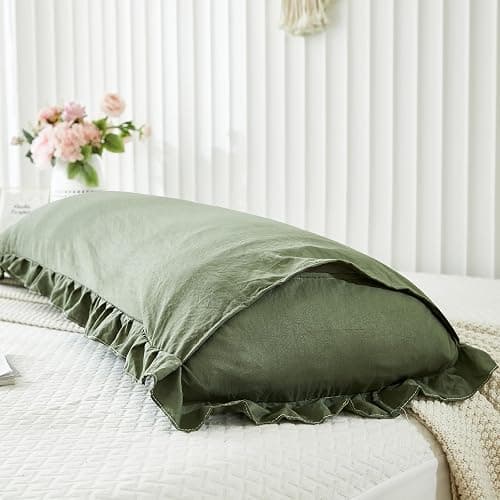 Shabby Chic Olive Green Body Pillow Cover - 20x54in Long Pillowcase with Ruffled Fringe Decor thumbnail 6