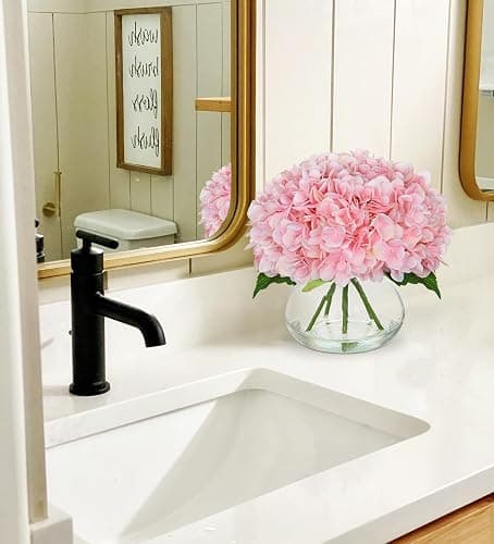 Hollyone Hydrangea Artificial Flowers with Glass Vase Pink Silk Faux Flowers Arrangements with Clear Faux Water Fake Floral Bulk Bouquet for Home Decor Table Centerpiece Decorations thumbnail 2