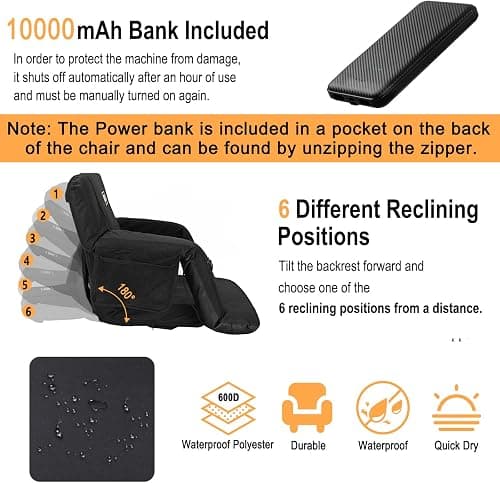 MZQLN Heated Massage Reclining Stadium Seat, Bleacher Chair with 10000mAh Portable Bank, 6 Reclining Positions for Camping, Games & Sports thumbnail 3
